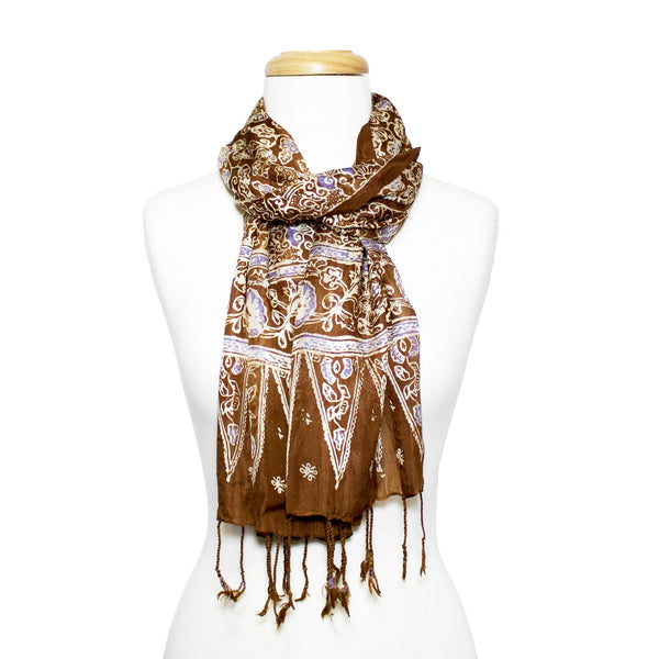bali batik 100% silk scarf brown and lavender floral