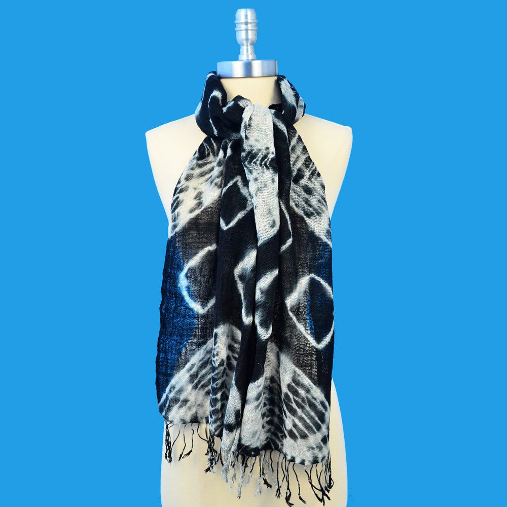 BOHO TYE-DYE HAND WOVEN 100% COTTON SCARF SCARVES ZENZOEY JEWELRY & ACCESSORIES 56" x 14" 3" Fringe Blue
