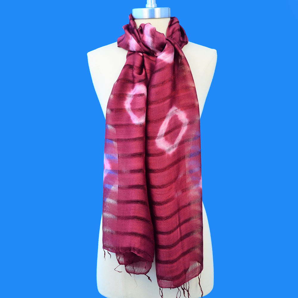 BURGUNDY ISAN TIE-DYE HAND WOVEN SILK AND COTTON SCARF SCARVES ZENZOEY JEWELRY & ACCESSORIES