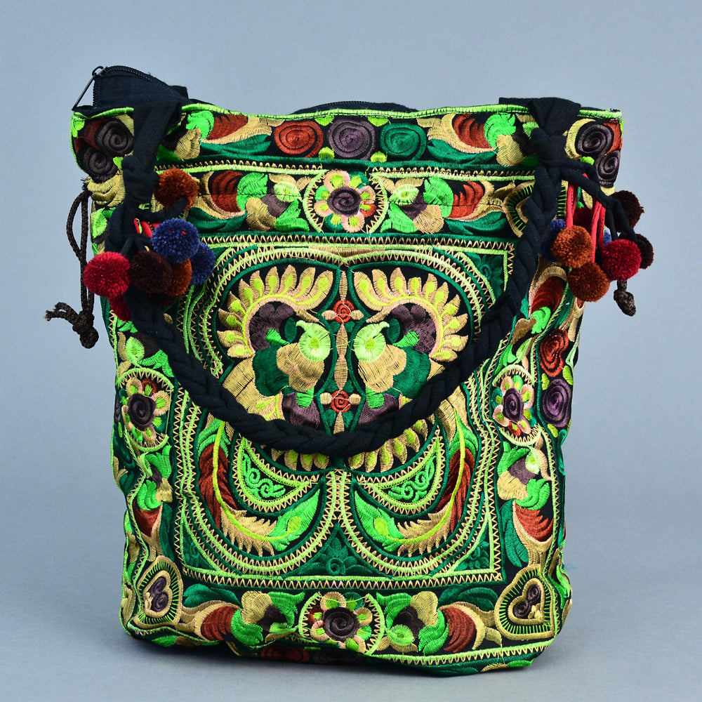 BOHO POM POM EMBROIDERED HMONG TOTE BAG