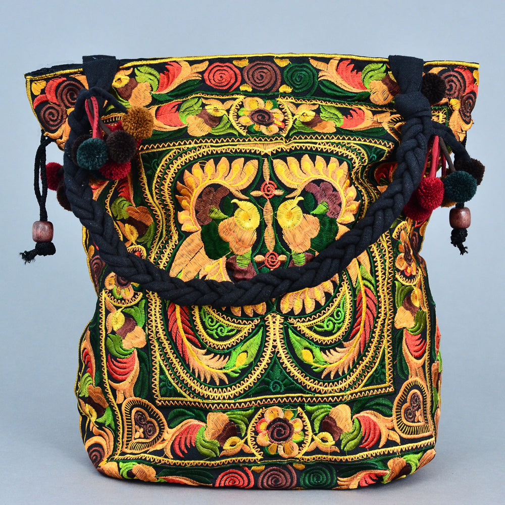 BOHO POM POM EMBROIDERED HMONG TOTE BAG