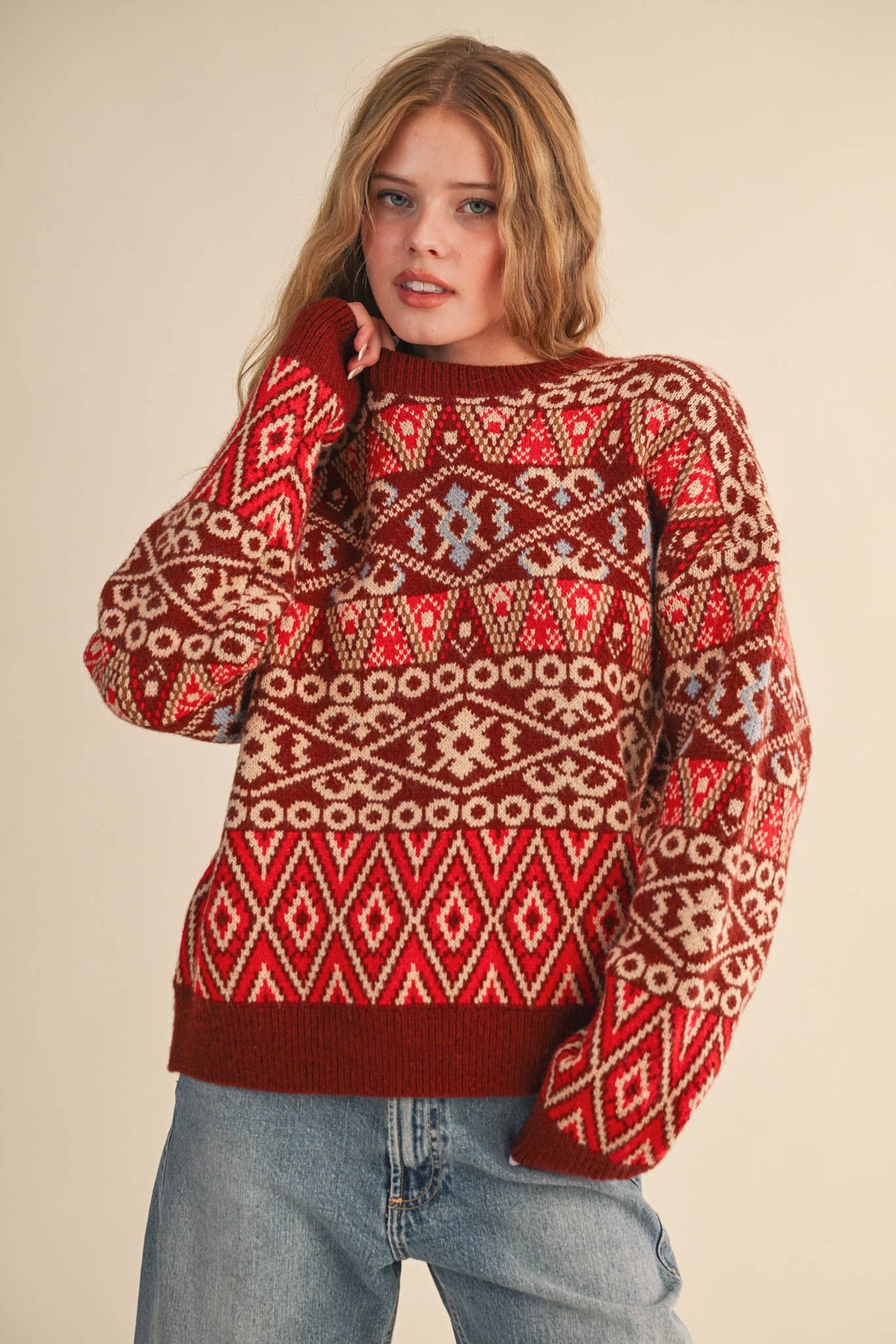 FAIR ISLE SWEATER PULLOVER  BURGUNDY RED MULTI COLOR