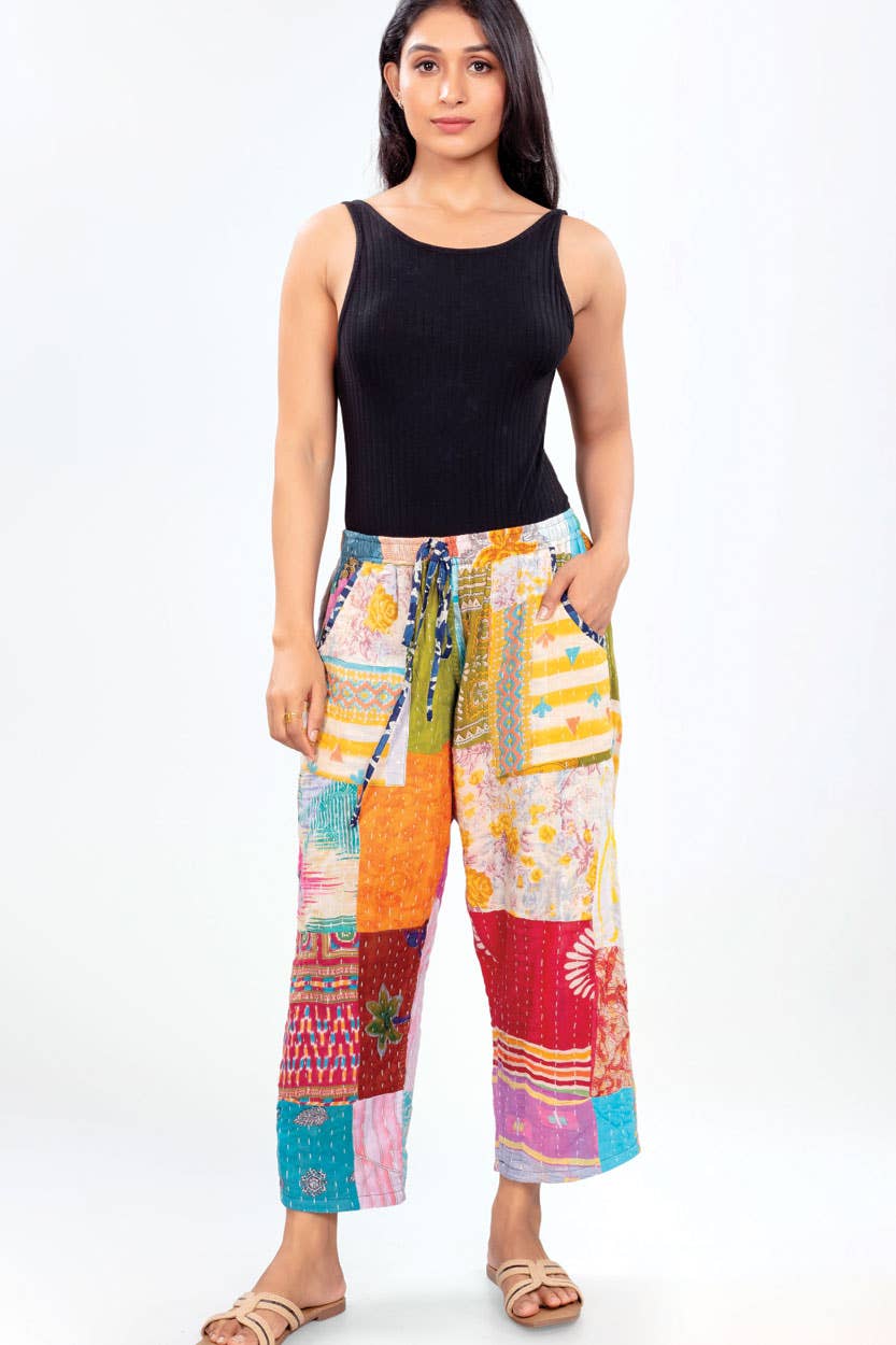 Reversible Up-cycled Sari Kantha Pants: L/XL