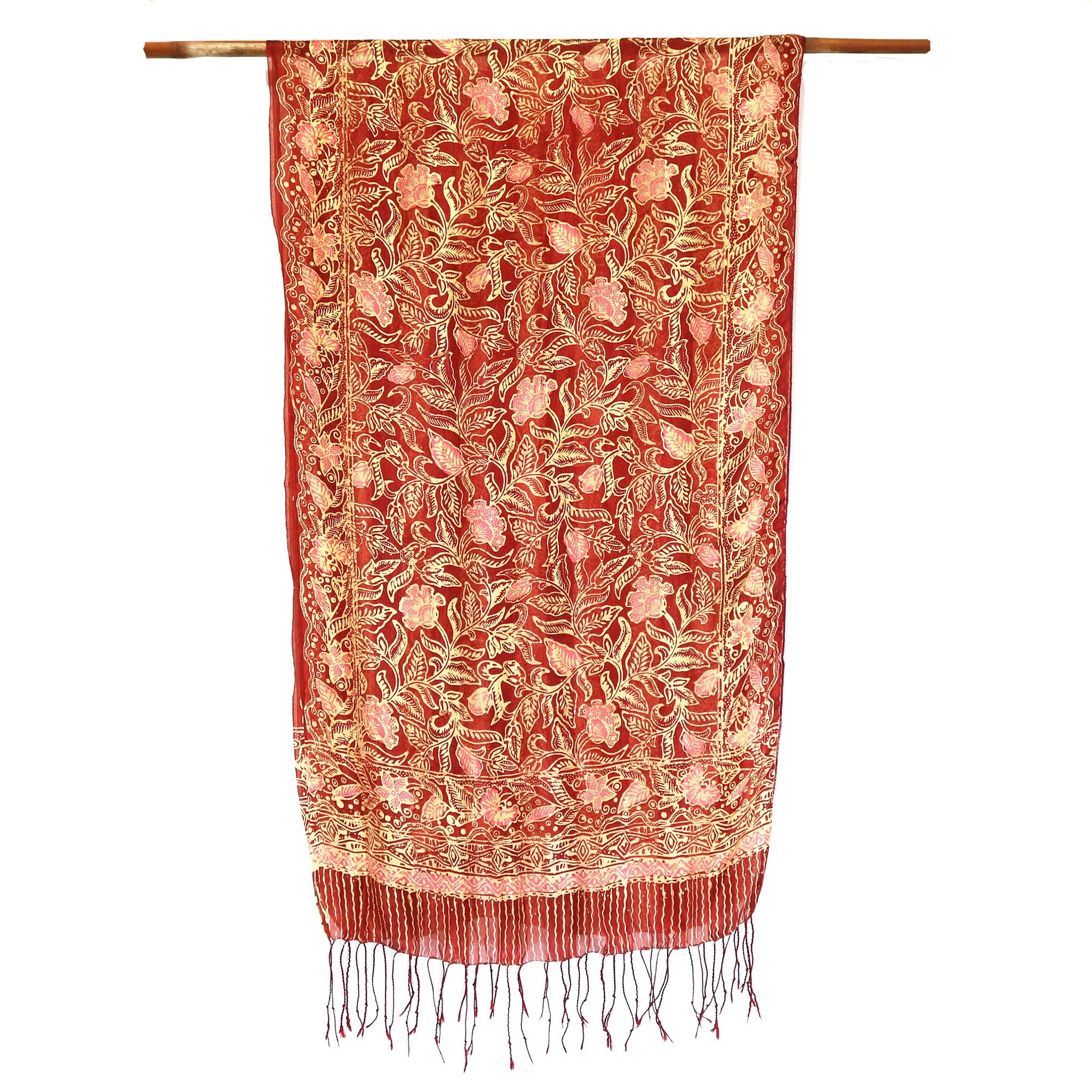 bali batik 100% silk scarf burgundy pink flowers