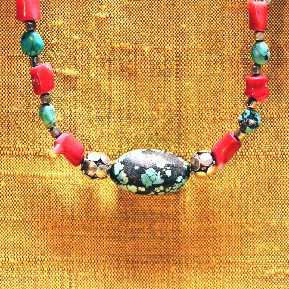 GOBI LOVE TURQUOISE & RED CORAL BOHO NECKLACE NECKLACE, CHAKRA ZENZOEY JEWELRY & ACCESSORIES 