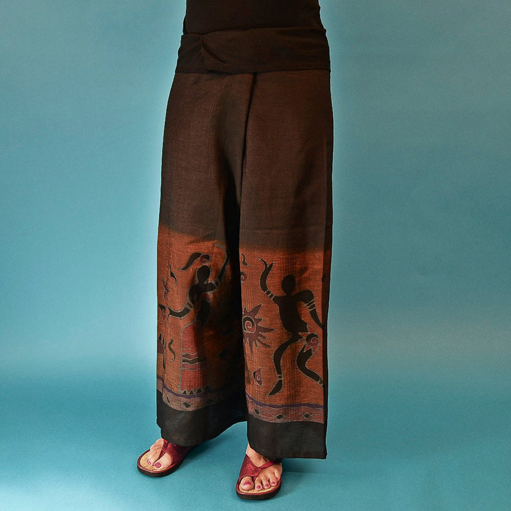 HAND PAINTED BOHO 60 SILK 40% COTTON THAI FISHERMAN PANTS - DARK BROWN Clothing ZENZOEY JEWELRY & ACCESSORIES 