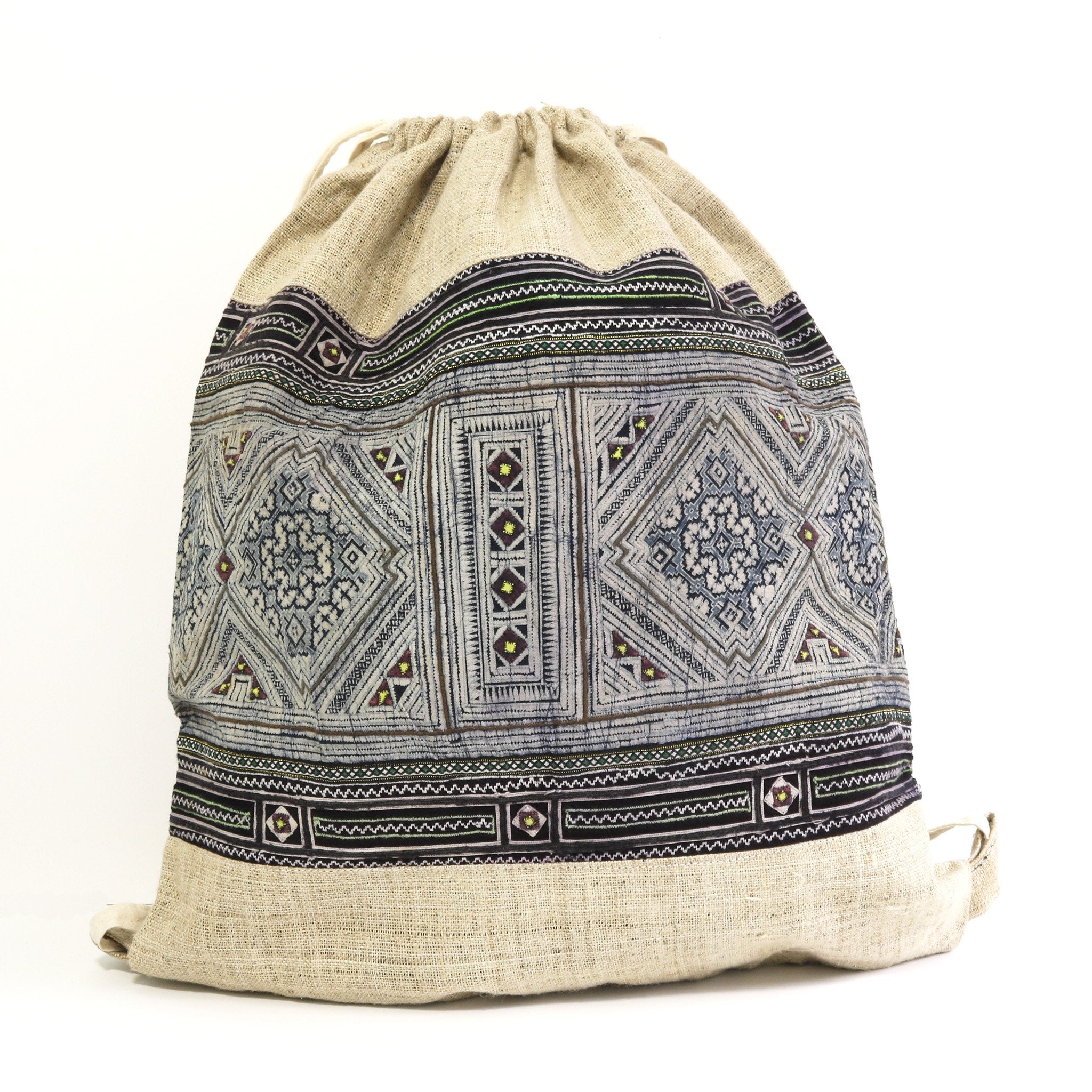 HMONG HEMP EMBROIDERED VINTAGE RECYCLED STRING BACKPACK ~ BATIK INDIGO TRIANGLES BAGS & PURSES ZENZOEY JEWELRY & ACCESSORIES 