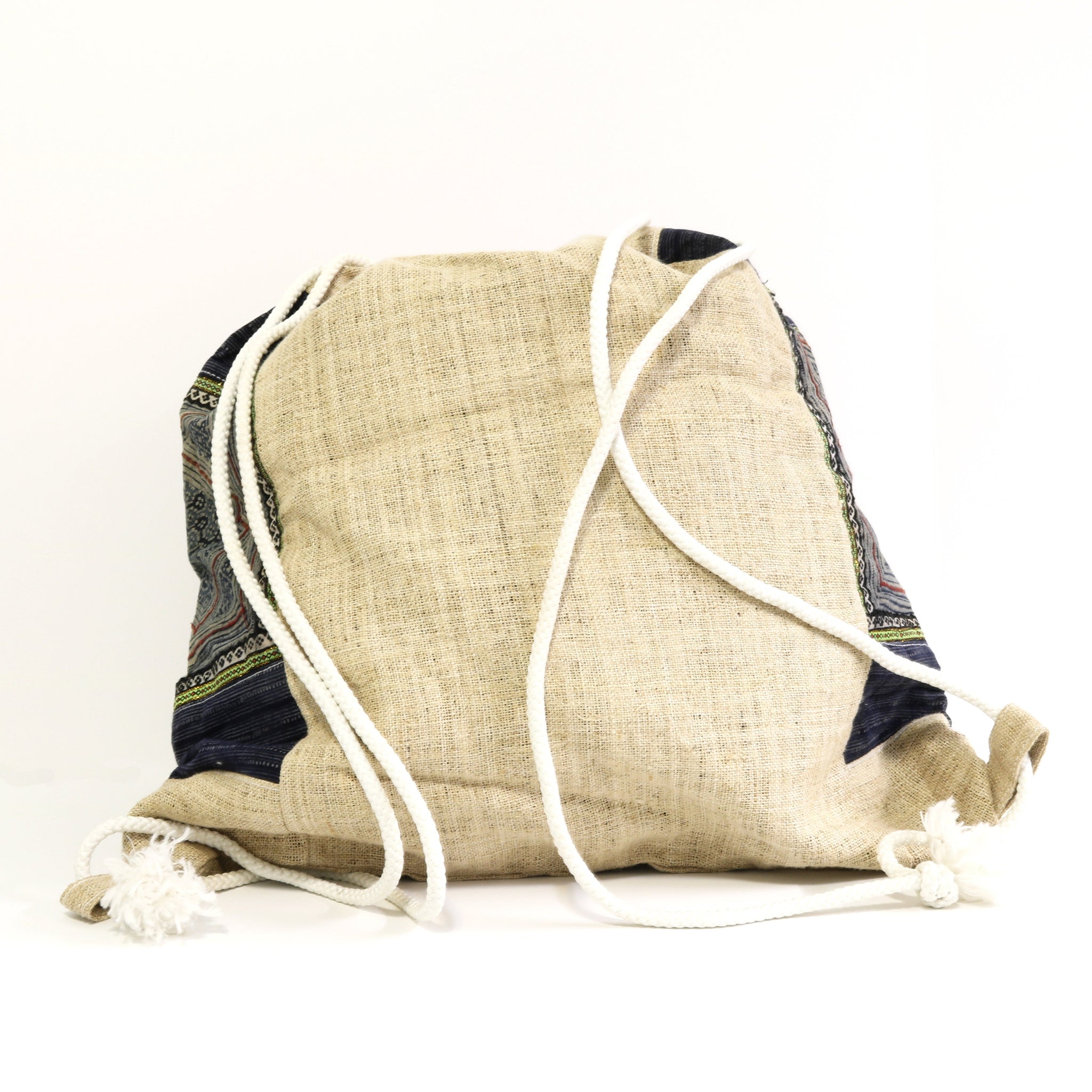 HMONG HEMP EMBROIDERED VINTAGE RECYCLED STRING BACKPACK ~ BATIK INDIGO TRIANGLES BAGS & PURSES ZENZOEY JEWELRY & ACCESSORIES 