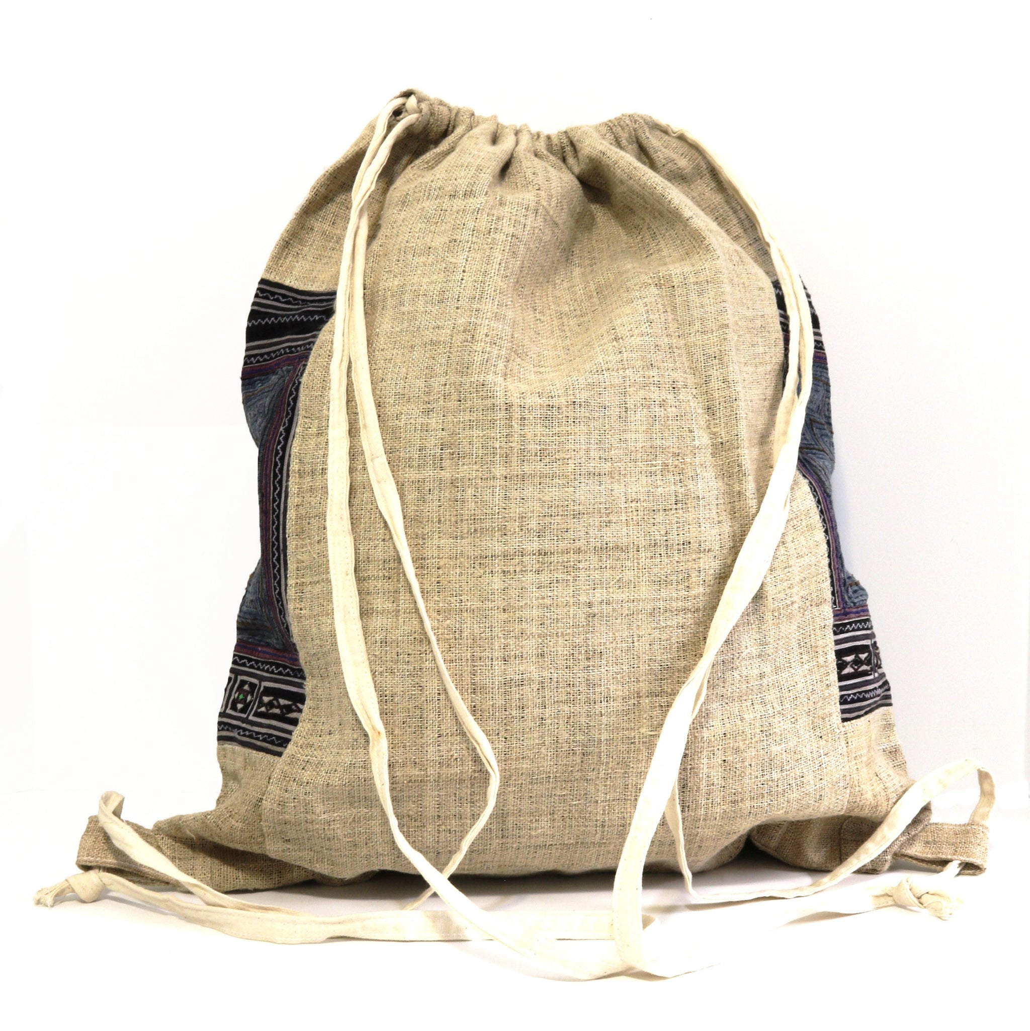 HMONG HEMP EMBROIDERED VINTAGE RECYCLED STRING BACKPACK ~ INDIGO & ORANGE BAGS & PURSES ZENZOEY JEWELRY & ACCESSORIES 