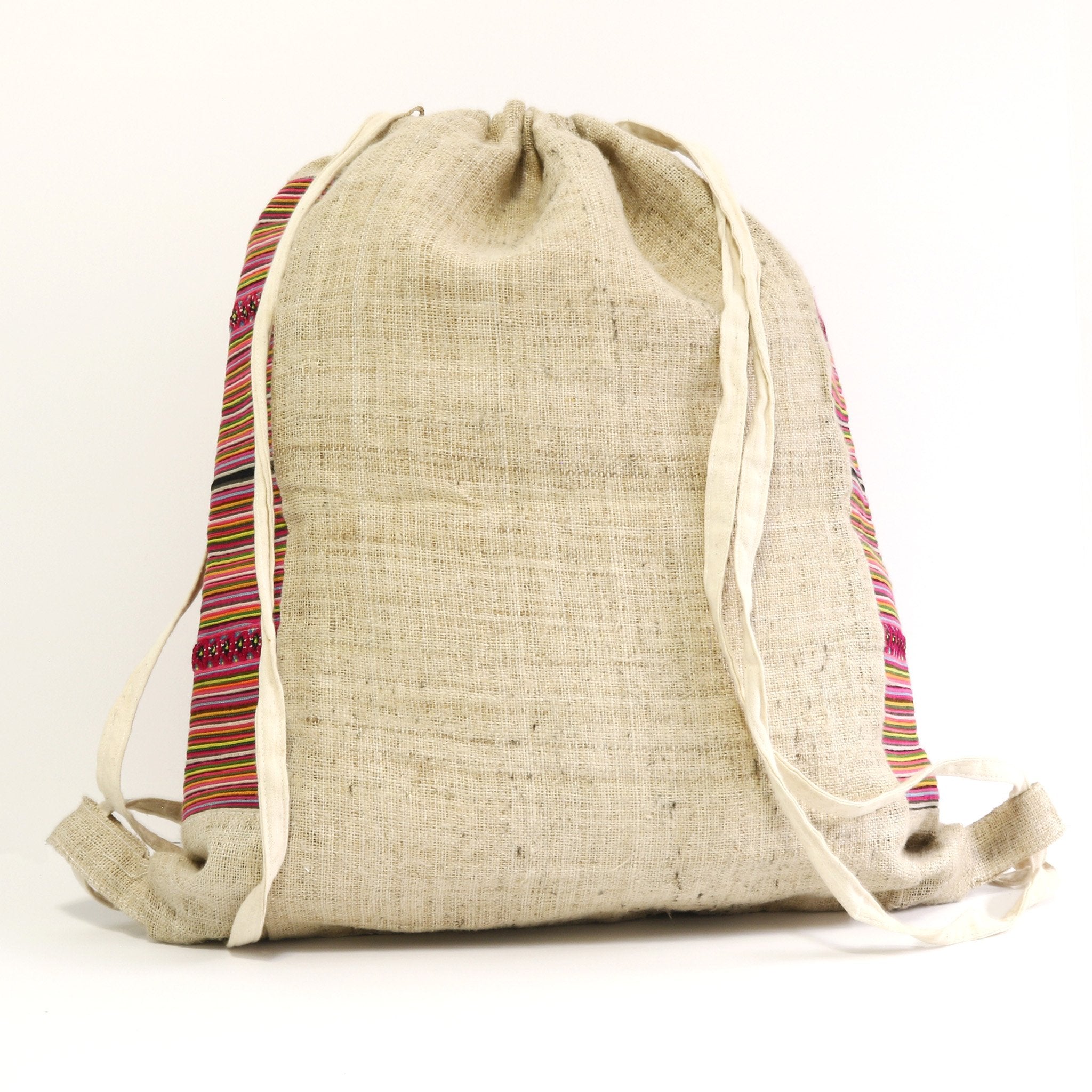 HMONG HEMP EMBROIDERED VINTAGE RECYCLED STRING BACKPACK ~ MULTI TINY STRIPE BAGS & PURSES ZENZOEY JEWELRY & ACCESSORIES 