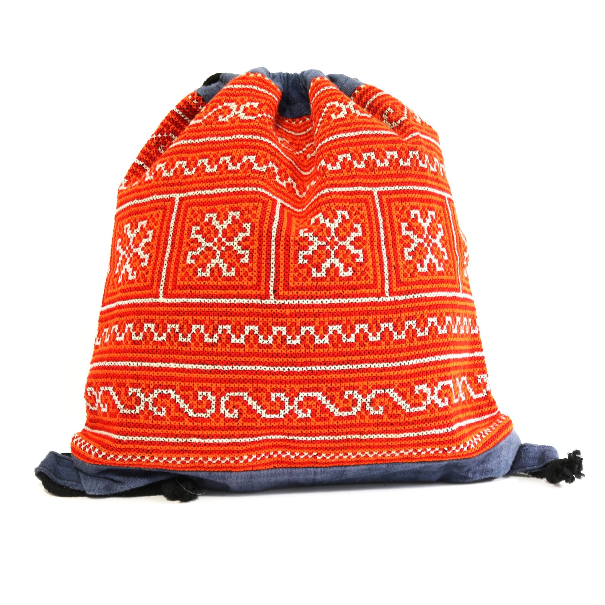 HMONG HEMP EMBROIDERED VINTAGE RECYCLED STRING BACKPACK ~ ORANGE STARS BAGS & PURSES ZENZOEY JEWELRY & ACCESSORIES 