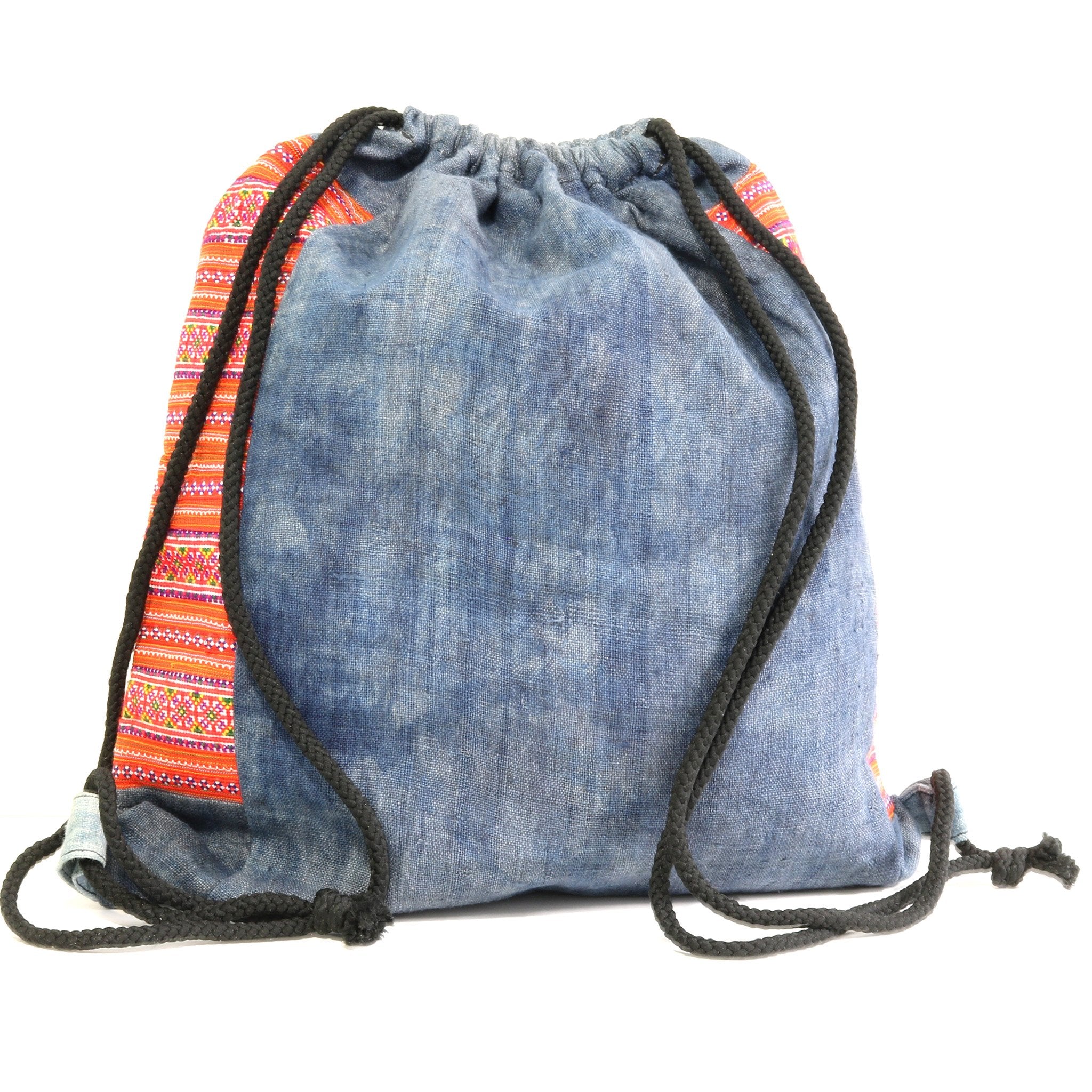 HMONG HEMP EMBROIDERED VINTAGE RECYCLED STRING BACKPACK ~ ORANGE STARS BAGS & PURSES ZENZOEY JEWELRY & ACCESSORIES 