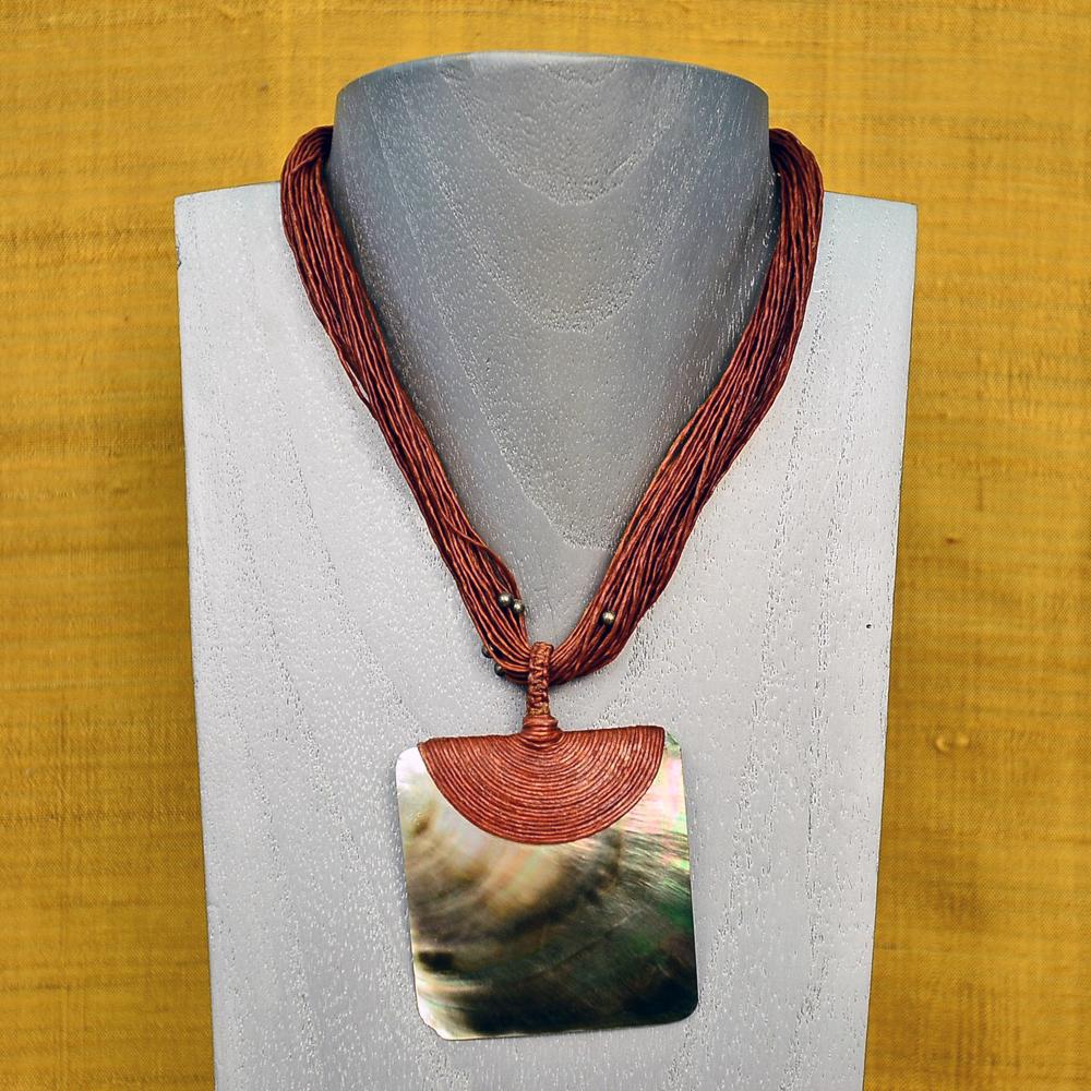 Necklace Rusting MOTHER OF PEARL SHELL WAXED LINEN CORD NECKLACE - RUST