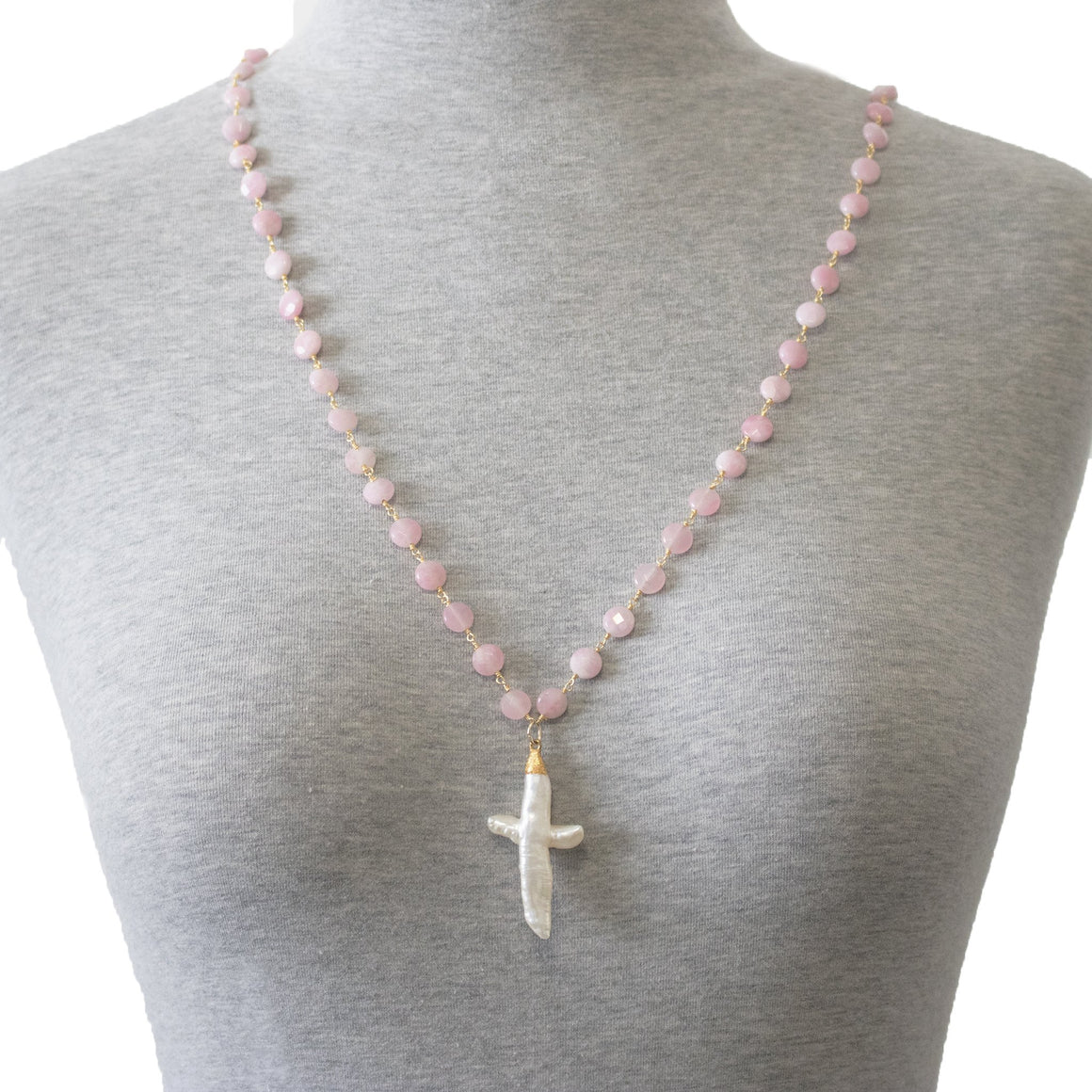 ROSE QUARTZ & PEARL CROSS CHAIN NECKLACE NECKLACE ZENZOEY JEWELRY & ACCESSORIES 