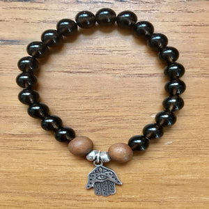 SMOKEY QUARTZ .925 SILVER HAMSA HAND SANDALWOOD STRETCH BRACELET Men's ZENZOEY JEWELRY & ACCESSORIES 